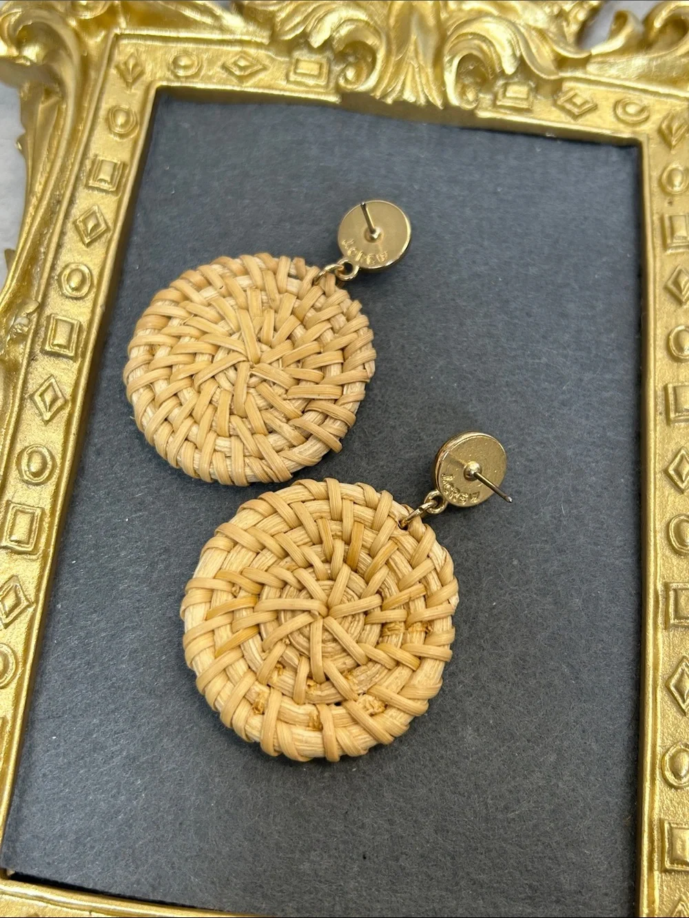 Faux Pearl Top Woven Rattan Disc Drop Earrings - Natural